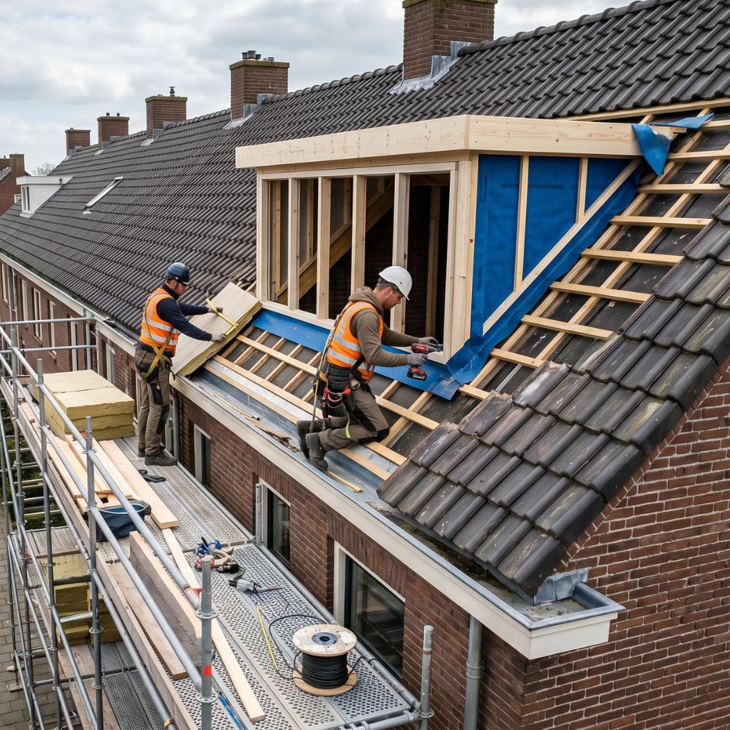 Vakmensen aan het werk aan een dakkapel
