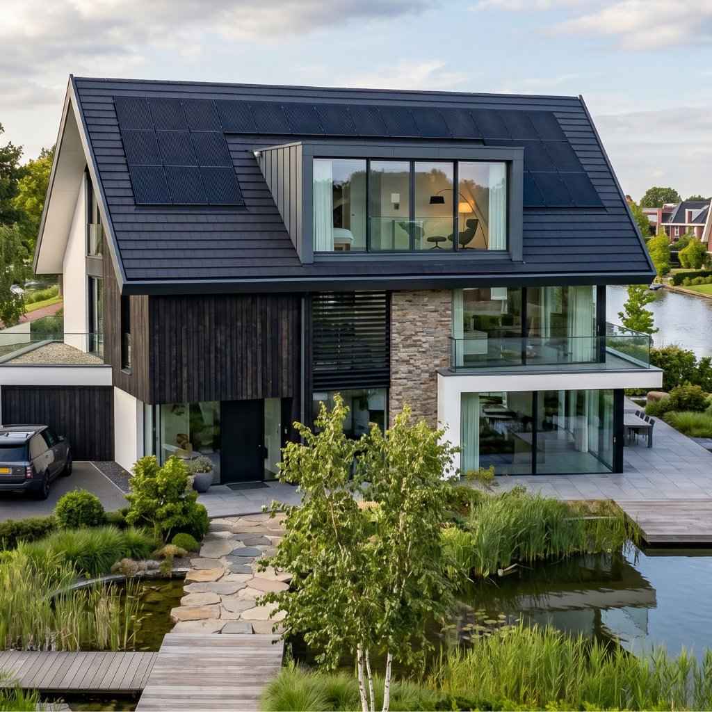 Moderne villa met grote dakkapel aan het water