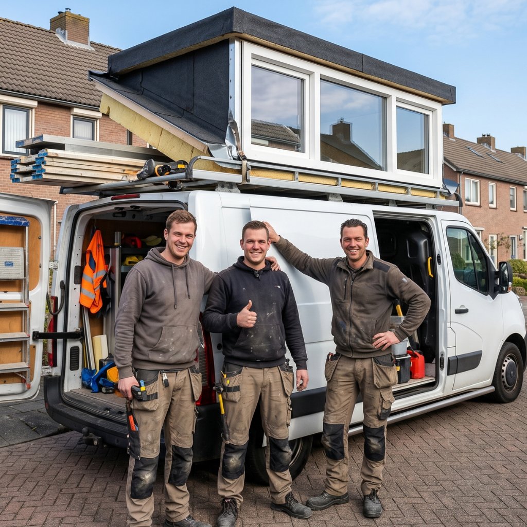 Dakkapel-bouwteam klaar om te plaatsen